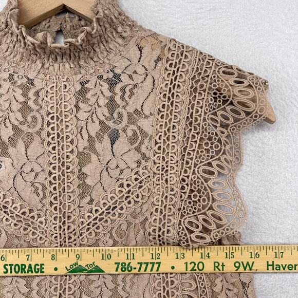 CABLE & GAUGE Tank Top XS Floral Lace Overlay Blouse Mock Neck Brown NEW - Picture 10 of 12
